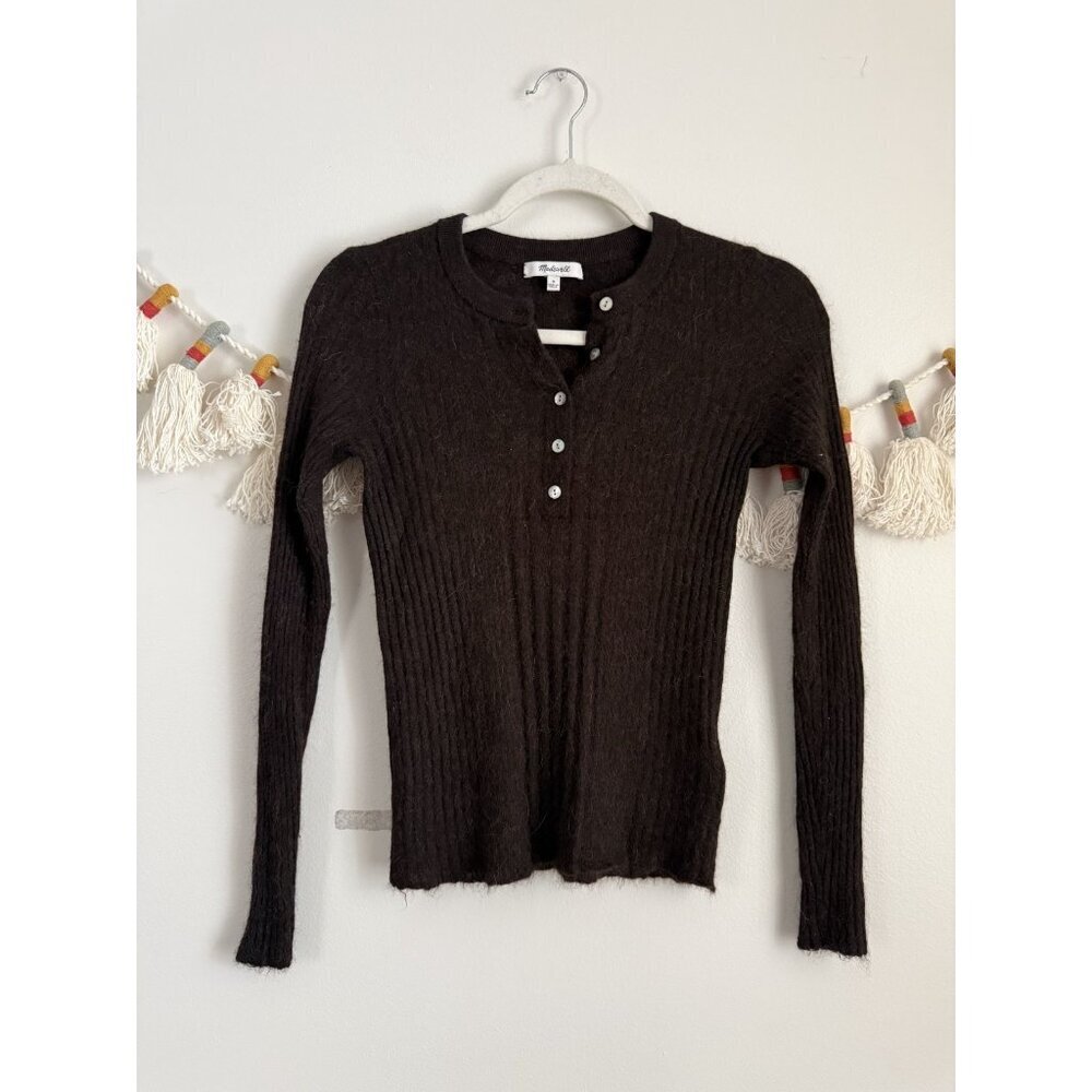 Madewell Alpaca Blend Henley Ribbed Knit Sweater Dark Carob Brown Preppy Basic M